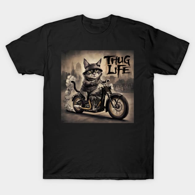 Thug Life Cat Riding Motorcycle T-Shirt by Blind Art